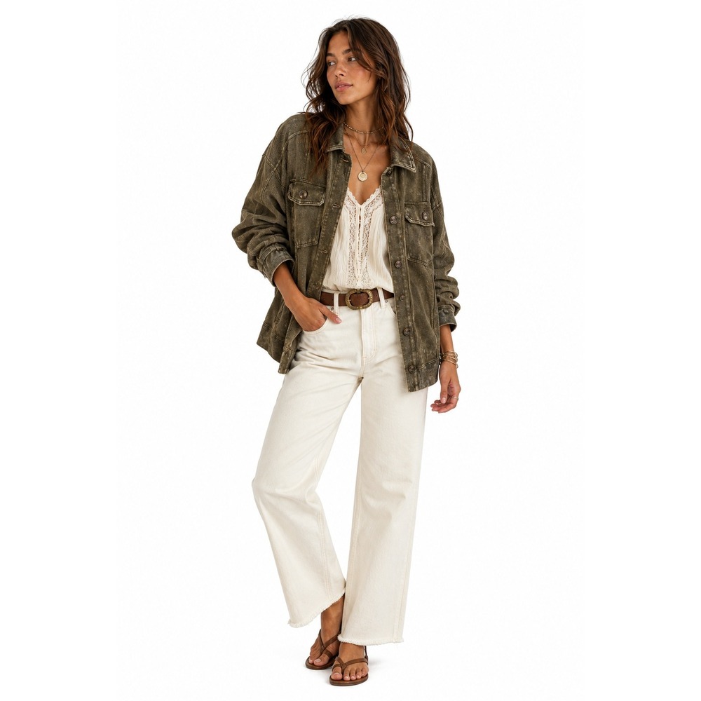 Pilcro Anthropologie Olive Green Mineral Wash Corduroy‎ Utility Shirt Jacket XXS